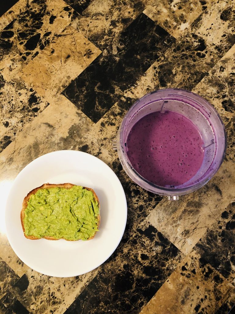 avocado toast and berry smoothie healthy breakfast