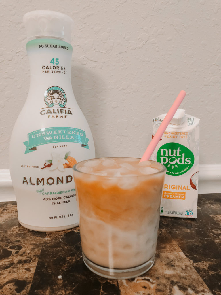 Daily at home iced latte recipe made with Nutpods creamer, Califia almond milk, and espresso in 2 minutes or less! Vegan, sugar-free, and no artificial sweeteners