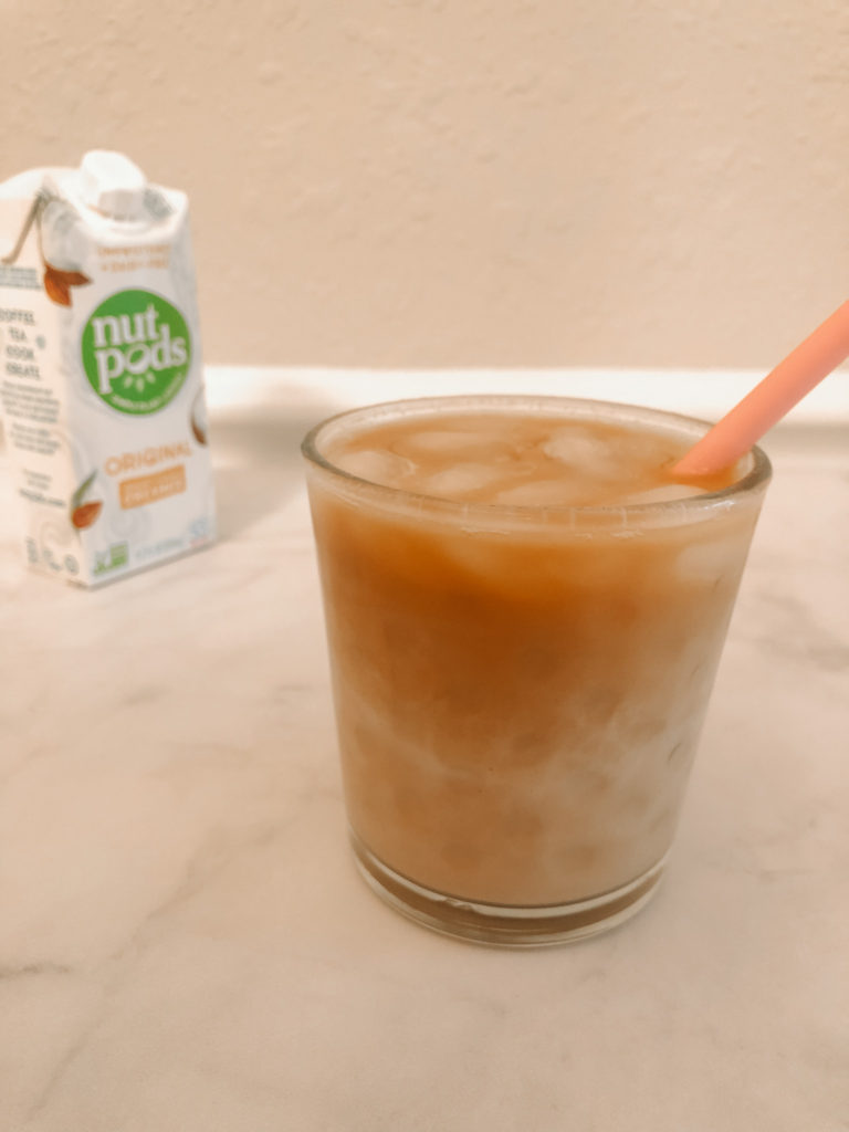 Daily at home iced latte recipe made with Nutpods creamer, Califia almond milk, and espresso in 2 minutes or less! Vegan, sugar-free, and no artificial sweeteners