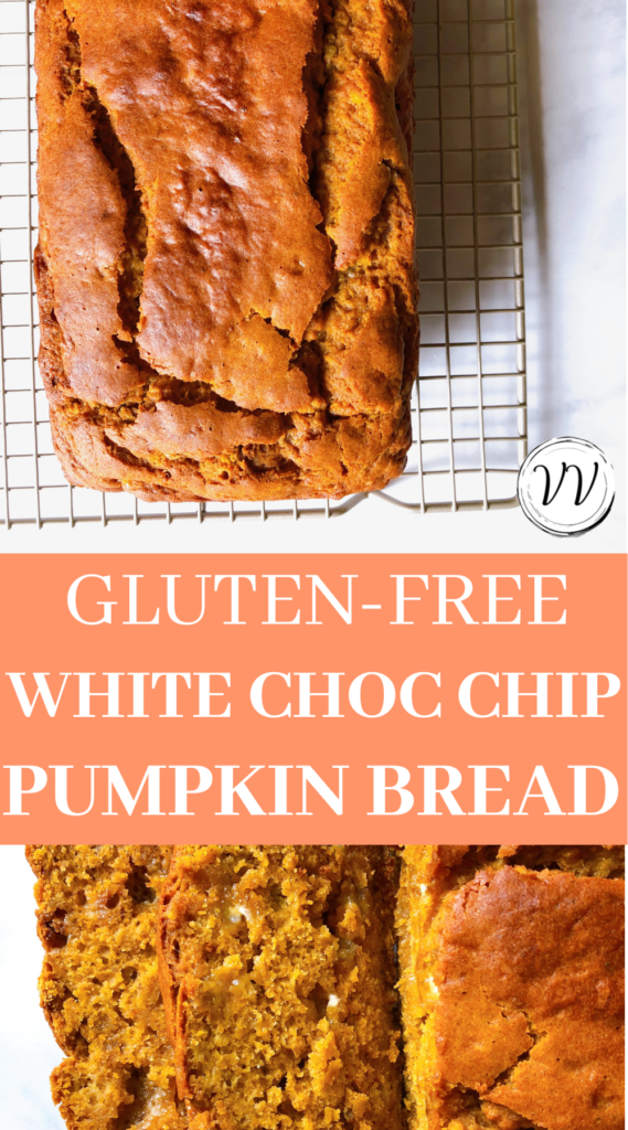 Delicious Gluten-Free Pumpkin White Chocolate Chip Banana Bread Recipe! Perfect fall bread recipe, especially for gluten-sensitive folks or those following a gluten-free diet. Super easy recipe & kid approved. | Vitality Vixens Healthy Lifestyle Blog
