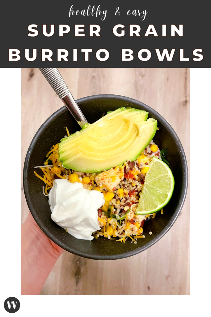 The easiest and most delicious healthy twist on your classic burrito bowls - super grain chicken burrito bowls! A 30-minute dinner recipe. | Vitality Vixens Healthy Lifestyle Blog
