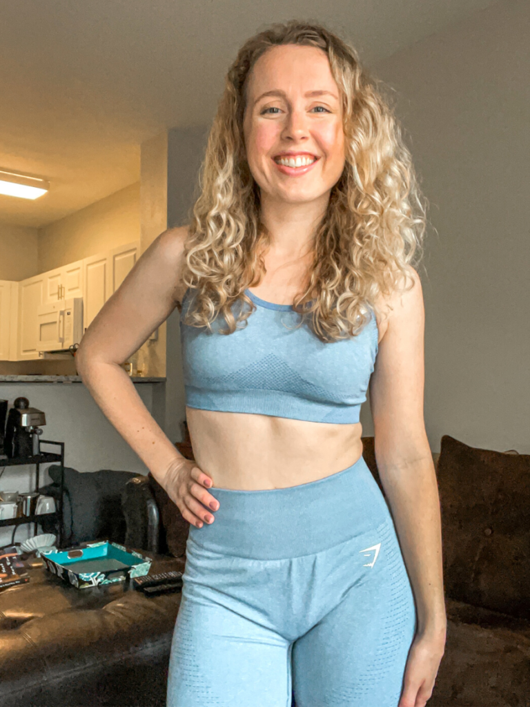 Gymshark Blue Marl sports bra and shorts | Our HONEST opinions on the Gymshark Vital Seamless 2.0 Collection, as well as their new Adapt Animal Seamless sports bra & leggings! | Vitality Vixens Healthy Lifestyle Blog